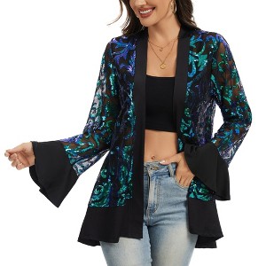 Anna-Kaci Women’s Sequin Mesh Cardigan with Sheer Embellished Sleeves and Flowing Open Front Design for Layering Style - 1 of 4