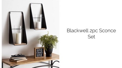 Black and Natural Wood Wall Sconce Set with Glass Chimney