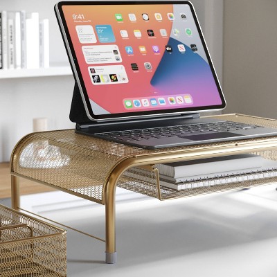 Gold Mesh Metal Desktop Monitor Stand Riser with Drawer