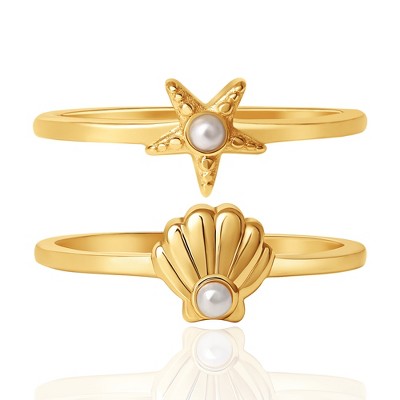 Disney The Little Mermaid 18K Gold Plated Sterling Silver Stackable Ring Set, Starfish and Seashell Pearl - Size 7