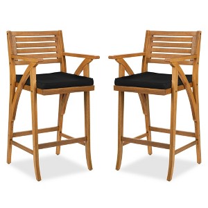 Best Choice Products Set of 2 Outdoor Acacia Wood Bar Stools Bar Chairs w/ Weather-Resistant Cushions - Teak Finish - 1 of 4