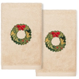 Linum Home Textiles Christmas Wreath - Embroidered Luxury 100% Turkish Cotton Hand Towels (Set of 2) - 1 of 3