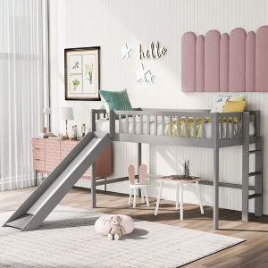 Whisen Twin Size Wood Low Loft Bed with Ladder and Slide - 1 of 4