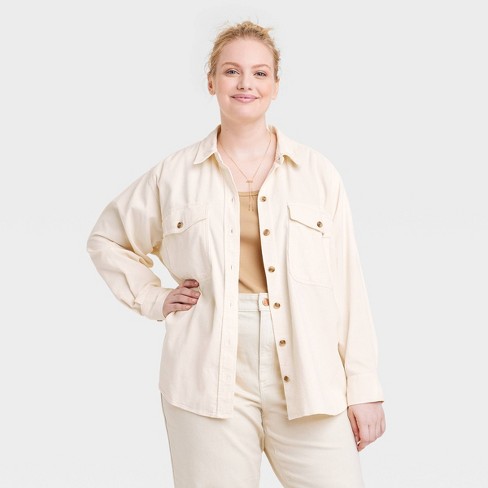 Women's Oversized Corduroy Long Sleeve Collared Button-Down Shirt -  Universal Thread™ Cream 4X