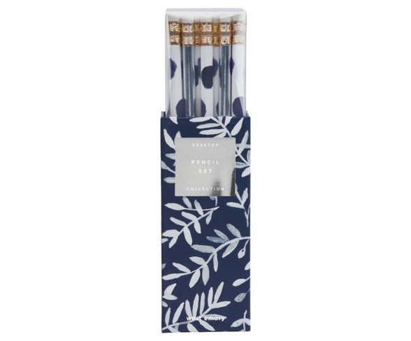 24ct Pencil Set White with Blue Dots - West Emory
