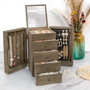 5-Layer Vintage Wooden Jewelry Box with Mirror & 4 Drawers, Torched Finish Organizer for Rings & Necklaces - 1 of 4