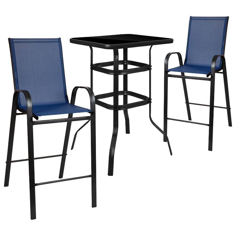 Emma and Oliver 3 Piece Outdoor Bar Height Set-Glass Patio Bar Table-All-Weather Barstools, 1 of 11