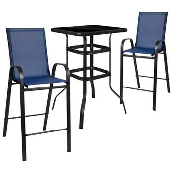 Emma and Oliver 3 Piece Outdoor Bar Height Set-Glass Patio Bar Table-All-Weather Barstools