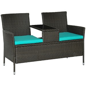 Outsunny Patio Wicker Conversation Furniture Set, Outdoor Garden Rattan 2-Seater Chair, Modern Loveseat w/ Cushions & Tempered Glass Top Coffee Table - 1 of 4