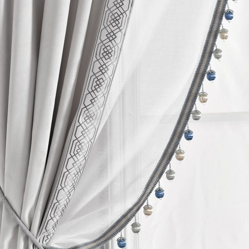 Luxury Vintage Velvet And Sheer With Border Pompom Trim Window Curtain Panel Light Gray Single 42X84, 1 of 7
