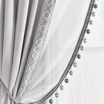 Luxury Vintage Velvet And Sheer With Border Pompom Trim Window Curtain Panel Light Gray Single 42X84