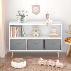 GustoWave Kids Bookcase with Collapsible Fabric Drawers, Children's Book Display, Toy Storage Cabinet Organizer (White+Gray) - 1 of 4