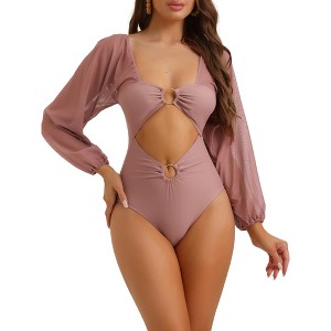 Elerevyo Women's Cut Out Ring Plunge Neck Shirred Long Sleeves Mesh Tummy Control Monokini Swimsuit 1 Pc - 1 of 4