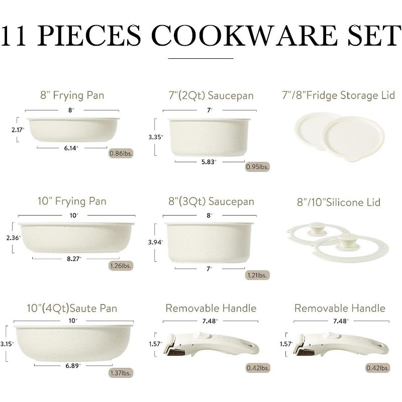 CAROTE Pots and Pans Set, Nonstick Cookware Sets Detachable Handle, Induction RV Kitchen Set Removable Handle, Oven Safe, Cream White,  11pcs, 2 of 8