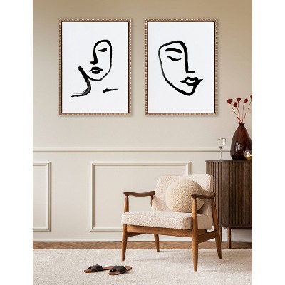 Gold Framed Minimalist Brushstroke Face Art Canvas Set, 18x24