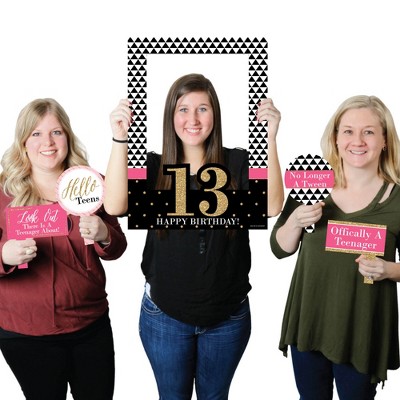 Big Dot of Happiness Chic 13th Birthday - Pink, Black and Gold - Birthday Party Selfie Photo Booth Picture Frame & Props - Printed on Sturdy Material