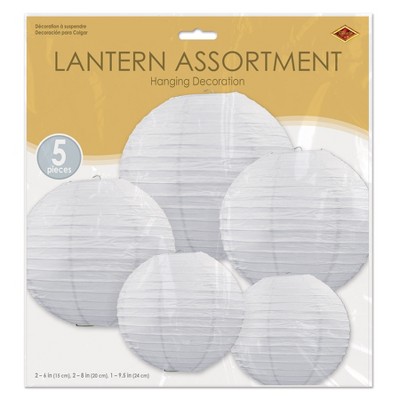 White Paper Lantern Assortment with Metal Supports, 5 Pack