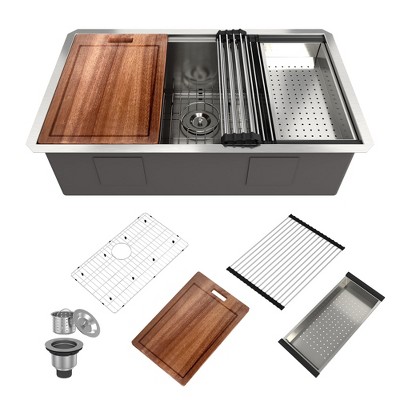 CASAINC 32" Undermount Single Bowl Stainless Steel Workstation Kitchen Sink with Included Sliding-Accessories