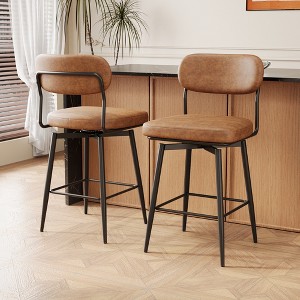 Set of 2 Swivel Bar Stools, 360¡ã Rotating Leather Cushioned Bar Chairs with Sturdy Iron Legs, Modern Design for Kitchen - 1 of 4