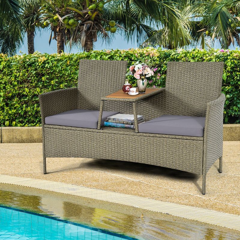 Costway 2-Person Patio Rattan Conversation Furniture Set Loveseat Coffee Table, 2 of 11