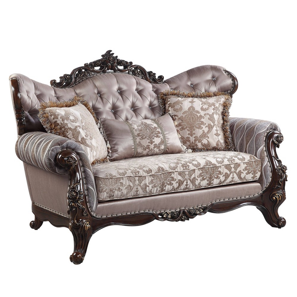 Photos - Sofa Acme Furniture 70" Benbek  Fabric and Antique Oak Finish : Tufted, 3-Seater, Leather Upholstery