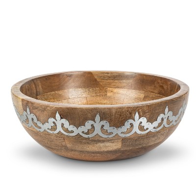 GG Collection Mango Wood with Metal Inlay Heritage Wide Serving Bowl.