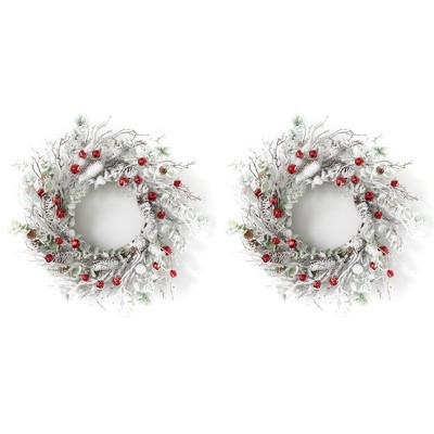 Sullivans Set of 2 Artifical Flocked Pine and Bell Wreath 24"H White