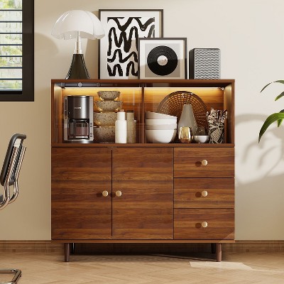 Famapy Vintage Style Side Storage Cabinet Buffet Accent Cabinet with LED Lighting and Acrylic Sliders for Display and Organization