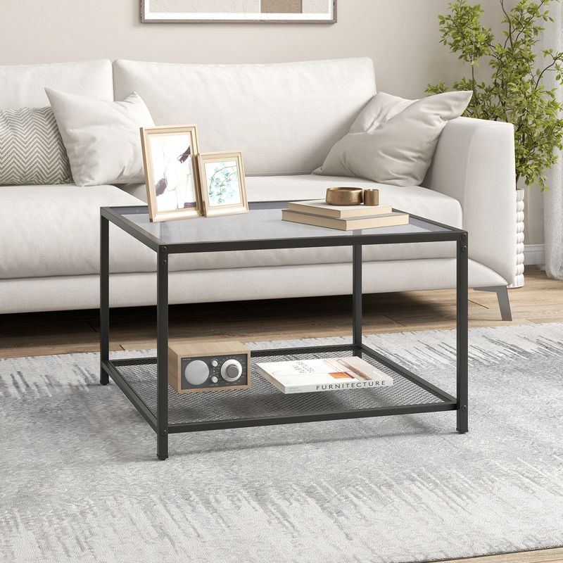 Costway Glass Coffee Table 27.5 Inch 2-Tier Square with Mesh Shelf Living Room Grey/Transparent, 5 of 11