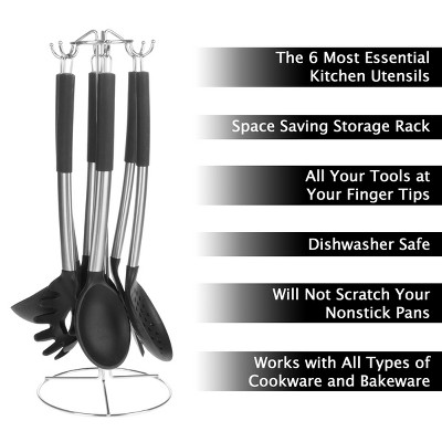 Hastings Home Classic Cuisine 7-Piece Cooking Utensil Set – Stainless Steel & Silicone Kitchen Tools with Holder, Heat Resistant & Nonstick Safe — фото 2