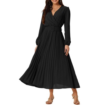 Seta T Women's Long Lantern Sleeve Wrap V Neck Flowy Ruffle Pleated Maxi Dresses