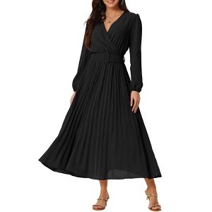 Seta T Women's Long Lantern Sleeve Wrap V Neck Flowy Ruffle Pleated Maxi Dresses - 1 of 4