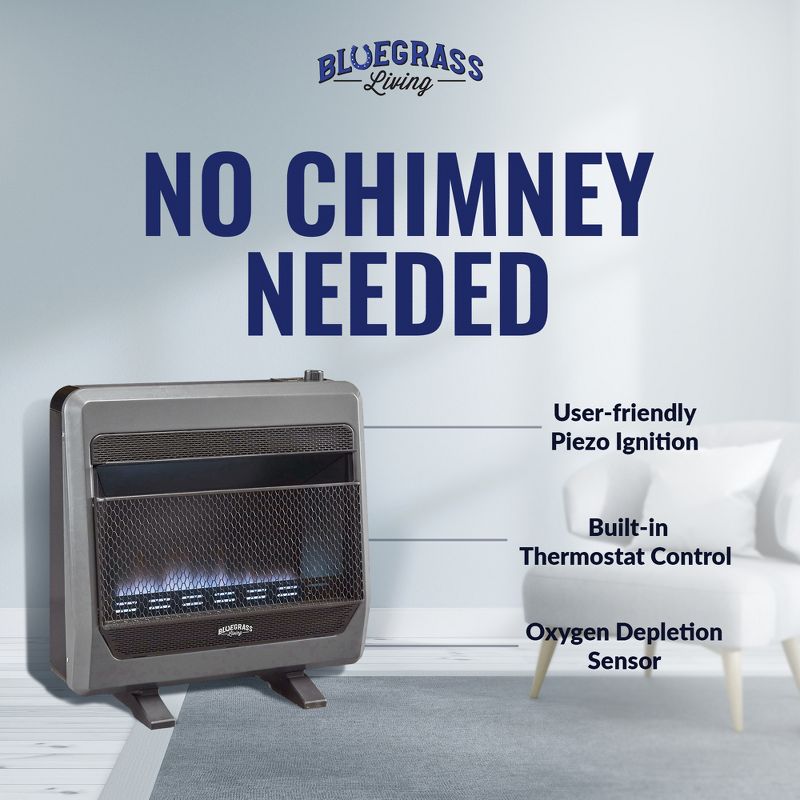 Bluegrass Living 30,000 BTU Natural Gas Ventless Space Heater with Thermostat Built In Blower and Heats Up 1,400 Square Feet, Blue Flame, Steel, 2 of 7