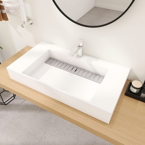 36 x 18 in. Solid Surface Wall Mount Bathroom Left Vessel Sink with Faucet Hole and Drain Cover - 1 of 4