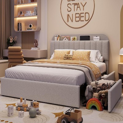 Queen Bed Frame with Storage Headboard, 2 Drawers, Upholstered Platform, Bookcase, No Box Spring Needed