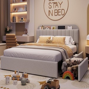 Queen Bed Frame with Storage Headboard, 2 Drawers, Upholstered Platform, Bookcase, No Box Spring Needed - 1 of 4