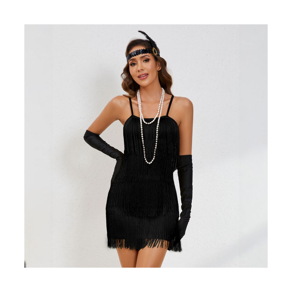 Womens Roaring 20s Costumes Flapper Dress 1920s Gatsby Vintage Fringe Dress with Deco Set Spaghetti Strap Cocktail Dress for Gatsby Theme Party - thumbnail 4