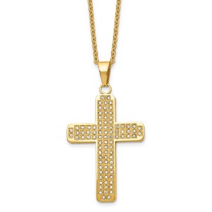 Chisel Stainless Steel Polished Yellow IP-plated with Cubic Zirconia Cross Pendant on a 22" Cable Chain Necklace - 1 of 4