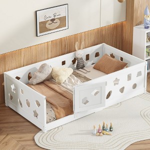 CAVINAS Twin/Full Size White Bed Frame with Heightened Guardrails,Solid Wood Floor Bed for Kids Room,Bedroom - 1 of 4