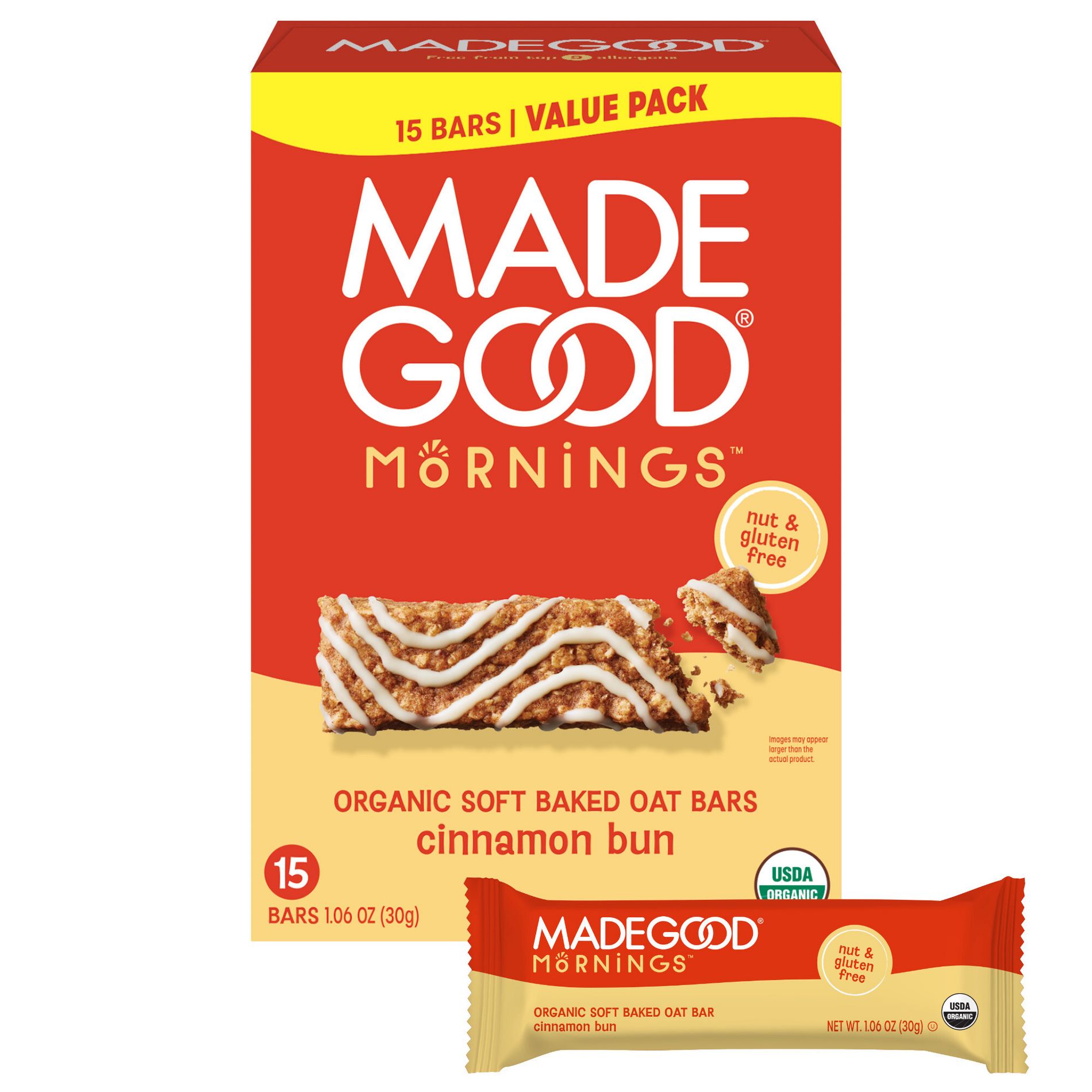 MadeGood Mornings Cinnamon Bun Soft Baked Oat Protein Bars Value Pack - 15.9oz/15ct
