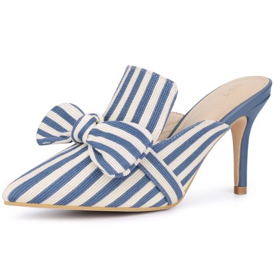 BLISSFUL STEP Women's Bow Stripe Pointed Toe Stiletto Heel Mules