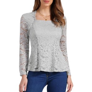 Allegra K Women's Lace Square Neck Long Sleeve Stertch Elegant Casual Peplum Blouse - 1 of 4