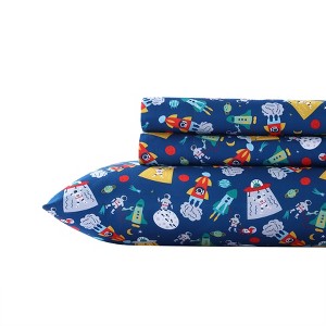 Poppy & Fritz Space Kids Ultra Soft Microfiber- 4 Piece- Sheet Set  Blue- Full - 1 of 4