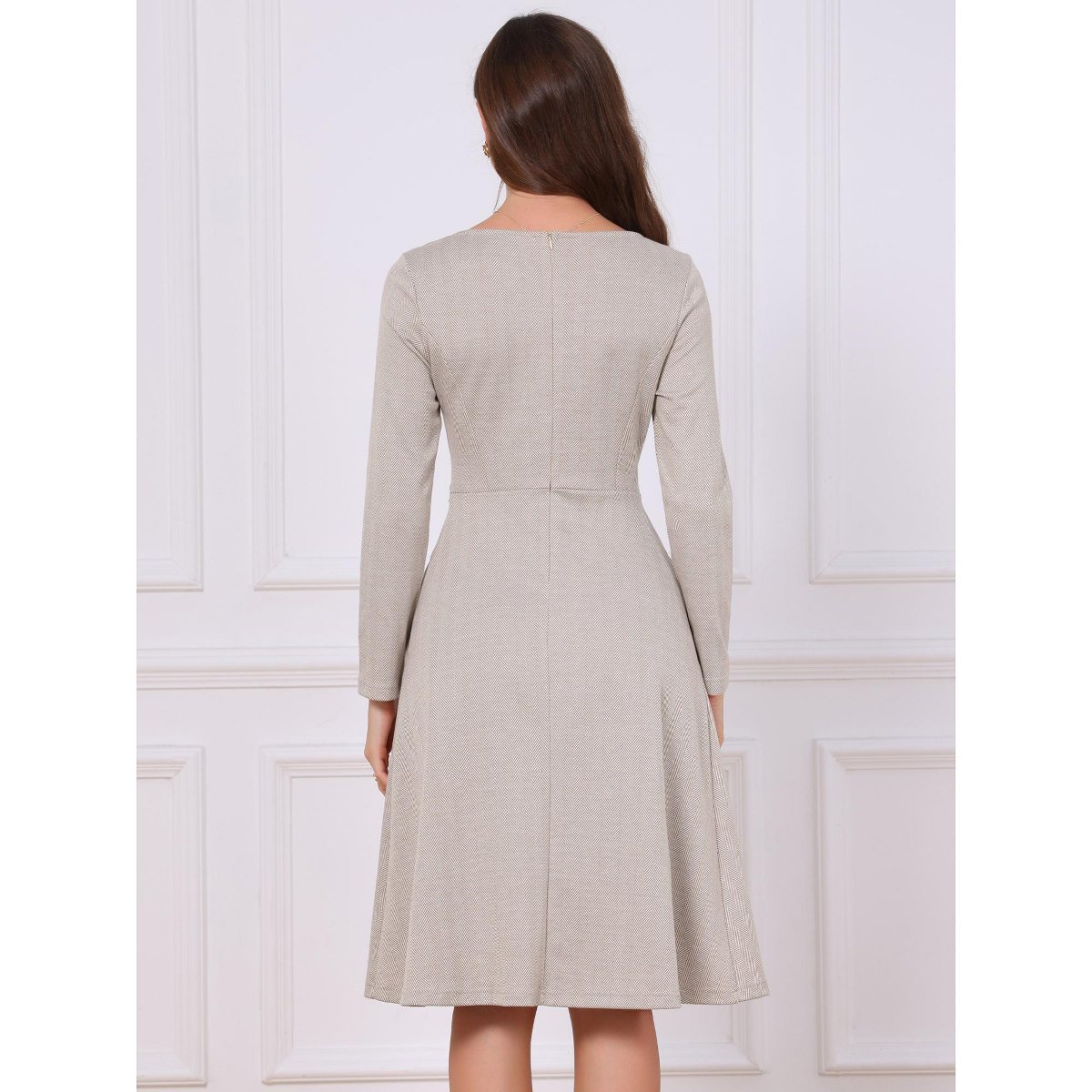 Женские платья INSPIRE CHIC Women's Boat Neck Long Sleeve A-Line Business Casual Formal Pockets Dress Large Taupe — фото 3