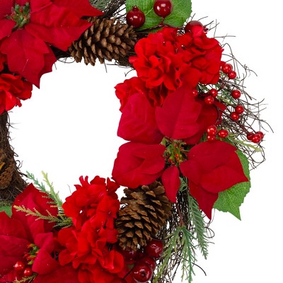 24-Inch Red Poinsettia and Hydrangea Artificial Christmas Wreath