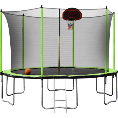 HFYee 8/12/14FT Starter Trampoline Kit Soft Basketball Board & Inflator for Ages 4+ Blue Safety Net