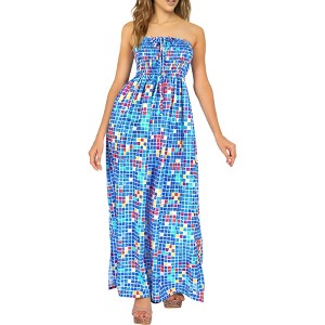 LA LEELA Women's House Daily Routine Evening Wear Boho Maxi Casual Dress Top Evening Long Tube Casual Dresses for Women One Size Blue, Geometric - 1 of 4