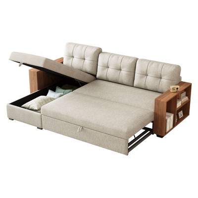 NicBex Modern Pull Out Sofa Bed Linen Convertible Sofa Couch with Storage Chaise and Wooden Handrail for Living Room