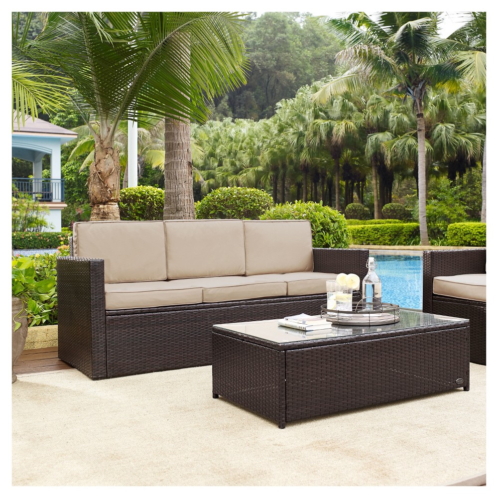 Palm Harbor Outdoor Wicker Sofa In Brown with Sand Cushions - Crosley