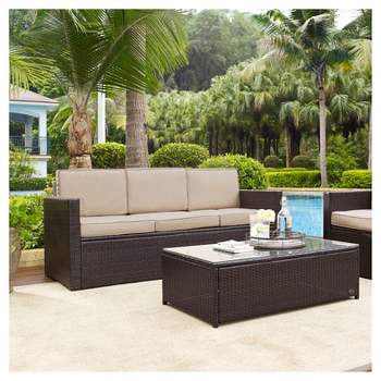 Palm Harbor Outdoor Wicker Sofa In Brown with Sand Cushions - Crosley